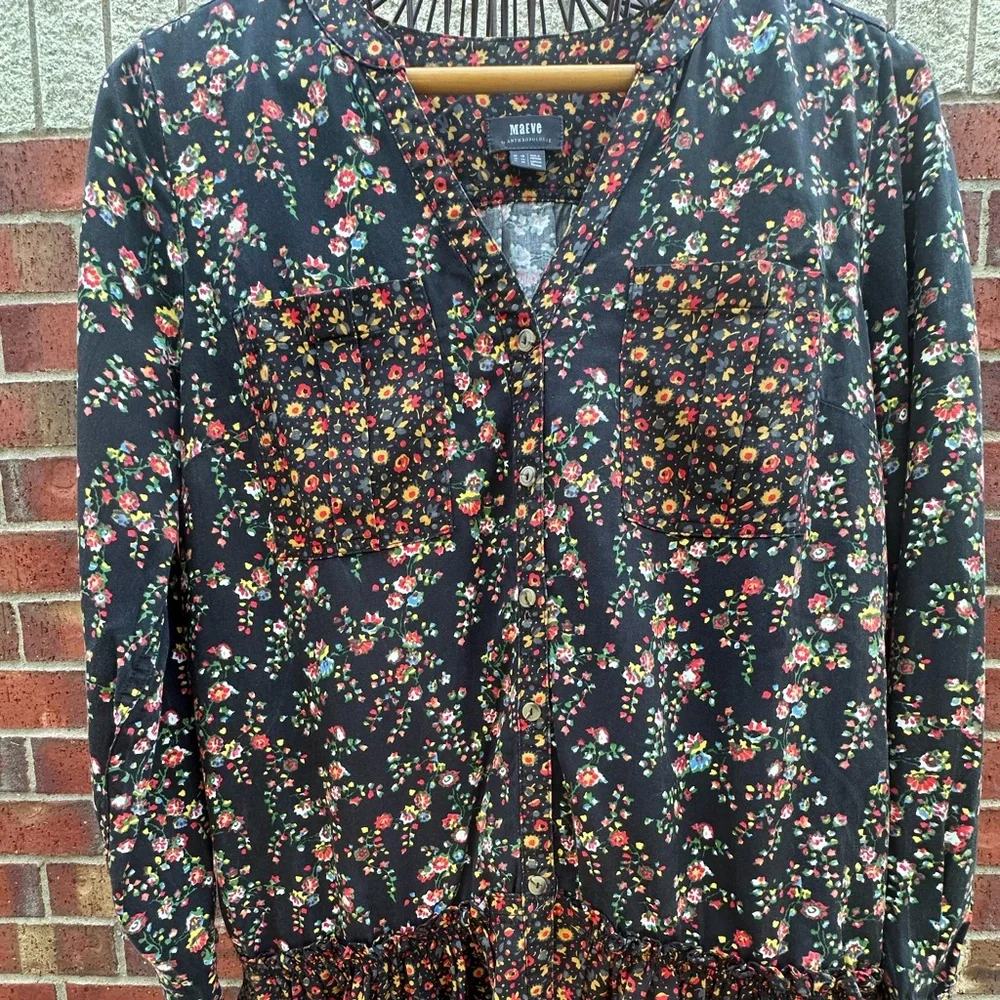 Anthropologie Black Floral Long-Sleeve Tiered Dress - Picture 3 of 16